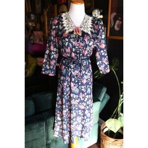 Vintage Nancy II Floral Lace Button Down Midi Dress Size Cottagecore Prairie 6P
